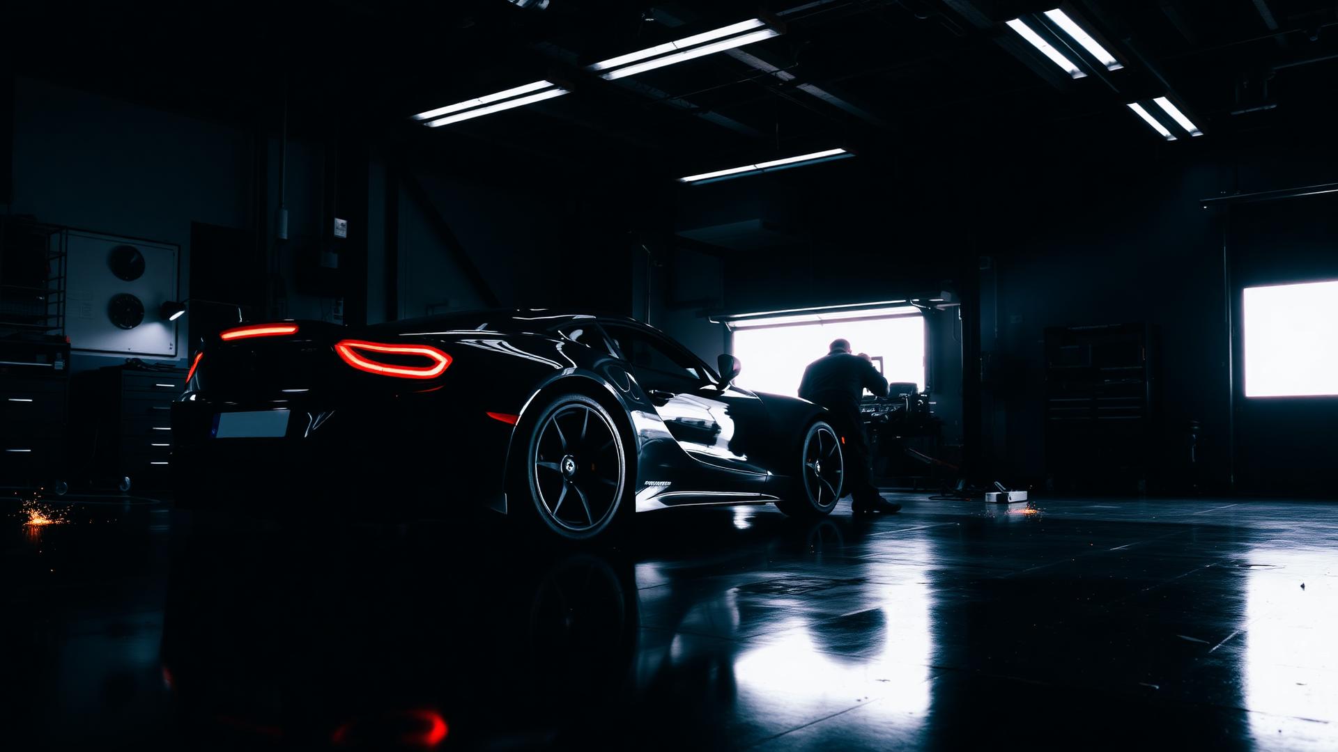 Luxury sports car being serviced in a modern automotive workshop